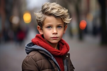 Portrait of a cute little boy with blond hair and red scarf