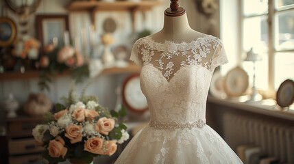 Wedding dress on a mannequin.