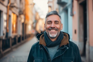 Middle-Aged Man Exudes Joy As He Confidently Poses On The Street