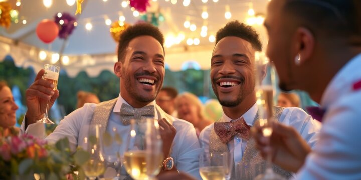 Cheerful Couple Shares Celebratory Moment At Their Lgbt Wedding Reception