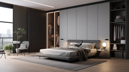 bedroom in black and grey, in the style of realistic and hyper-detailed renderings, minimalist sets