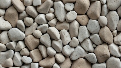 Natural pumice stone texture with a random pattern of smooth, porous beige stones closely packed together, creating a calming and organic background. - obrazy, fototapety, plakaty