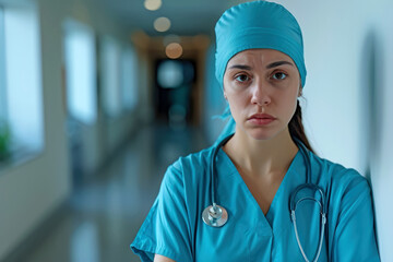 Portrait of a exhausted nurse in a hospital  - 730087607