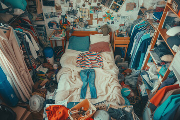Disorganized Room With Scattered Belongings, Showcasing Teenage Girls Chaotic Lifestyle - obrazy, fototapety, plakaty
