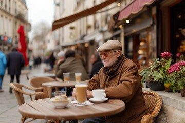 Elderly Man Enjoying Coffee Al Fresco In Charming Street Cafe