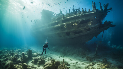 A diver freely gliding above a shipwreck in shall - obrazy, fototapety, plakaty