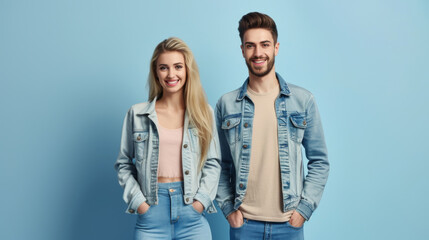 Fototapeta premium happy young couple dressed in denim, the woman with long blonde hair and the man with a beard, both smiling and standing against a light blue background