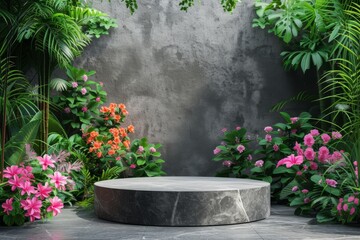 Fototapeta na wymiar Enhancing Garden Display With Stone Podiums: A Beautiful Showcase For Products Amidst Flowers And Plants