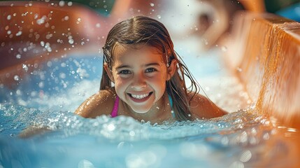 Young girl smiling in a pool with water splashing around.