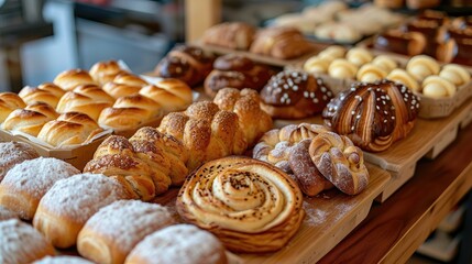 Various baked goods arranged on wooden shelves.