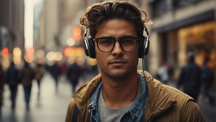 Man Wearing Headphones Walking on City Street Listening to Music. Generative AI. - 730088244