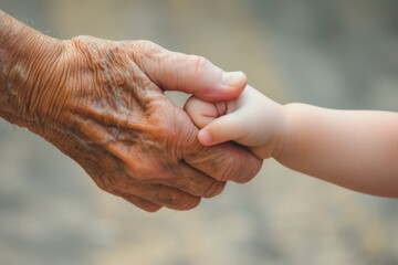 Intergenerational Bond Wrinkled Hand Reassuringly Grasps Little Ones Hand