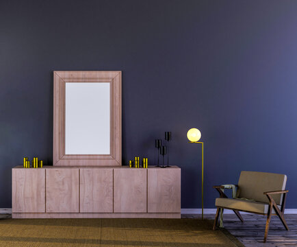 Frame mockup on black wall in a living room, 3d render, home interior design.