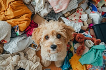 Playful Pup Turns Untidy Room Into Chaos While Unsupervised - obrazy, fototapety, plakaty