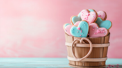 Heart shaped cookies in a wooden basket.