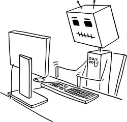 Robot Working in Office on Computer, Vector Cartoon Stick Figure Illustration