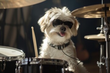 Obraz premium Talented Canine Musician Passionately Rocking The Drum Set With Style