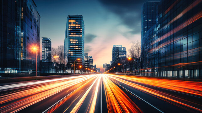 Long Exposure City Night Photo, Blurred Lights Capture the Vibrant Energy of Urban Life