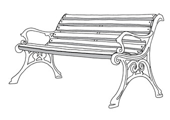 Handmade line drawings of a historic park bench and digitally colored on a transparent background