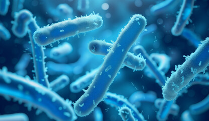Close up of 3d microscopic blue bacteria  - obrazy, fototapety, plakaty