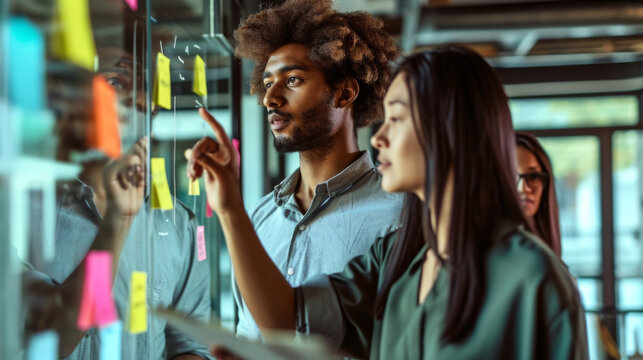professionals in a brainstorming session, with a focus on a young man with curly hair pointing at sticky notes on a glass wall, indicating a collaborative work environment