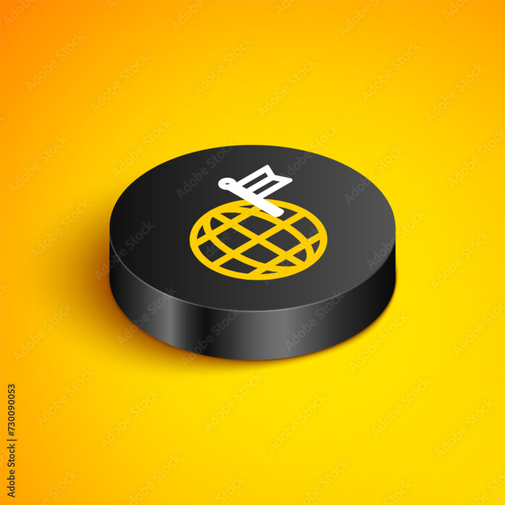 Poster isometric line planet with flag icon isolated on yellow background. victory, winning and conquer adv