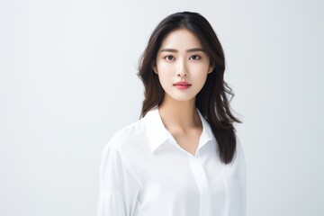 Apprentice teenage Asian woman, exuding ambition and determination, stands in a white shirt against a white background, her charismatic smile lighting up the scene. Generative AI.