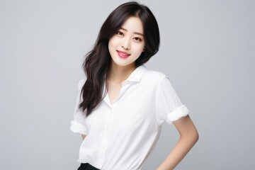 Obraz premium Apprentice teenage Asian woman, exuding ambition and determination, stands in a white shirt against a white background, her charismatic smile lighting up the scene. Generative AI.