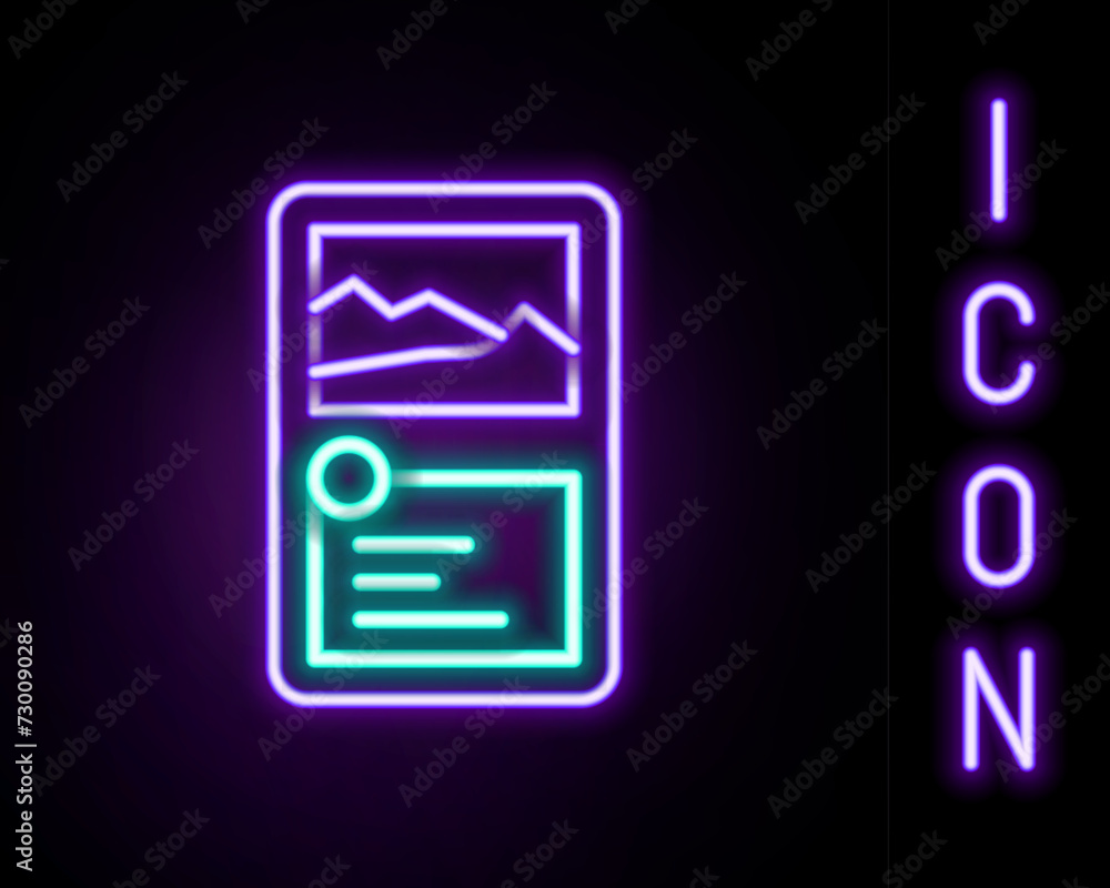 Poster glowing neon line card game collection icon isolated on black background. fantasy ui kit with magic 