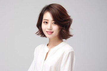 Fototapeta premium Apprentice teenage Asian woman, exuding ambition and determination, stands in a white shirt against a white background, her charismatic smile lighting up the scene. Generative AI.