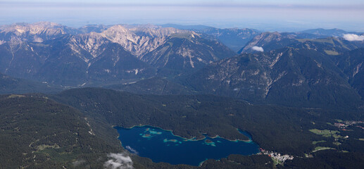 Panoramic view of Eibsee Lake, near Grainau and Garmisch-Partenkirchen, from Zugspitze in the...
