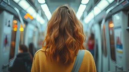 Back view of a woman in yellow on the subway.