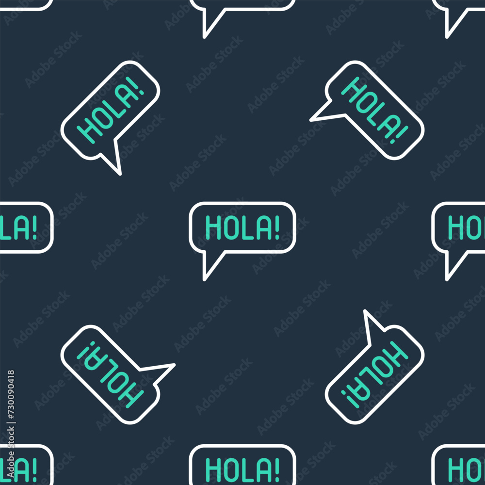 Poster line hola in different languages icon isolated seamless pattern on black background. speech bubbles.