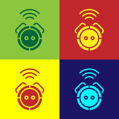 Pop art Robot vacuum cleaner icon isolated on color background. Home smart appliance for automatic vacuuming, digital device for house cleaning. Vector