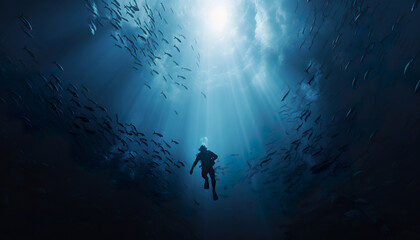person scuba diver swimming underwater, man diving in deep blue sea or ocean - obrazy, fototapety, plakaty