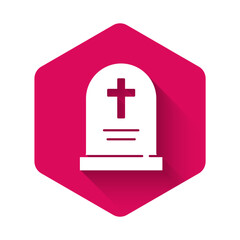 White Tombstone with cross icon isolated with long shadow background. Grave icon. Happy Halloween party. Pink hexagon button. Vector