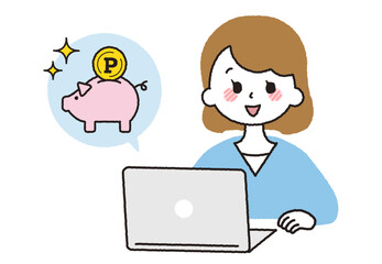 パソコンでポイント活動をする主婦。ポイント運用をしているイラスト。