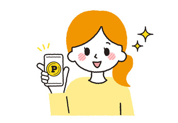 スマホでポイント活動をする主婦。ポイント運用をしているイラスト。