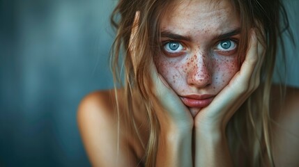 Young woman with freckles holding her face.