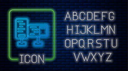 Glowing neon Computer monitor screen icon isolated on brick wall background. Electronic device. Front view. Neon light alphabet. Vector