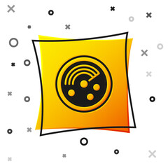 Black Radar with targets on monitor in searching icon isolated on white background. Search system. Navy sonar. Yellow square button. Vector
