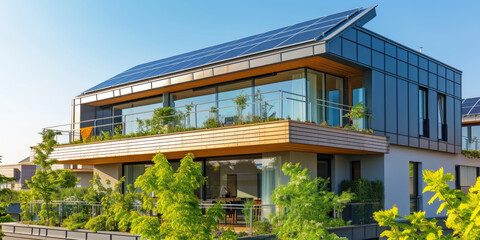 Modern eco friendly passive house with solar panels