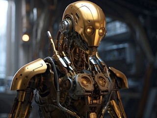 Fototapeta premium A gold and silver robot stands in a warehouse-like room.