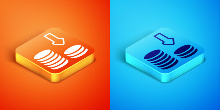 Isometric Dollar rate decrease icon isolated on orange and blue background. Cost reduction. Money symbol with down arrow. Business lost crisis decrease. Vector