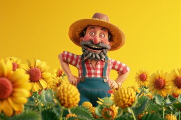 Cheerful animated farmer character with a straw hat among sunflowers on a bright yellow background.
