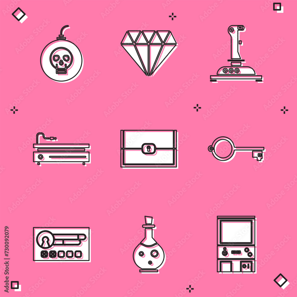 Poster set bomb ready to explode, diamond, joystick for arcade machine, video game console, chest, ancient 
