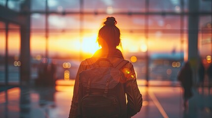 Woman with backpack gazing at sunset in airport.