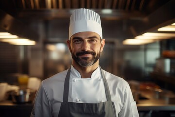 Male chef in a professional kitchen setting, wearing a traditional white chef's coat and cap.