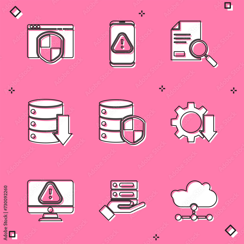 Poster set browser with shield, mobile exclamation mark, document search, server, data, web hosting, cost r