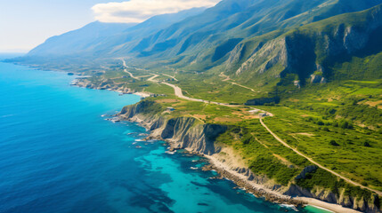 Aerial summer scene of Adriatic coast of Albania - obrazy, fototapety, plakaty